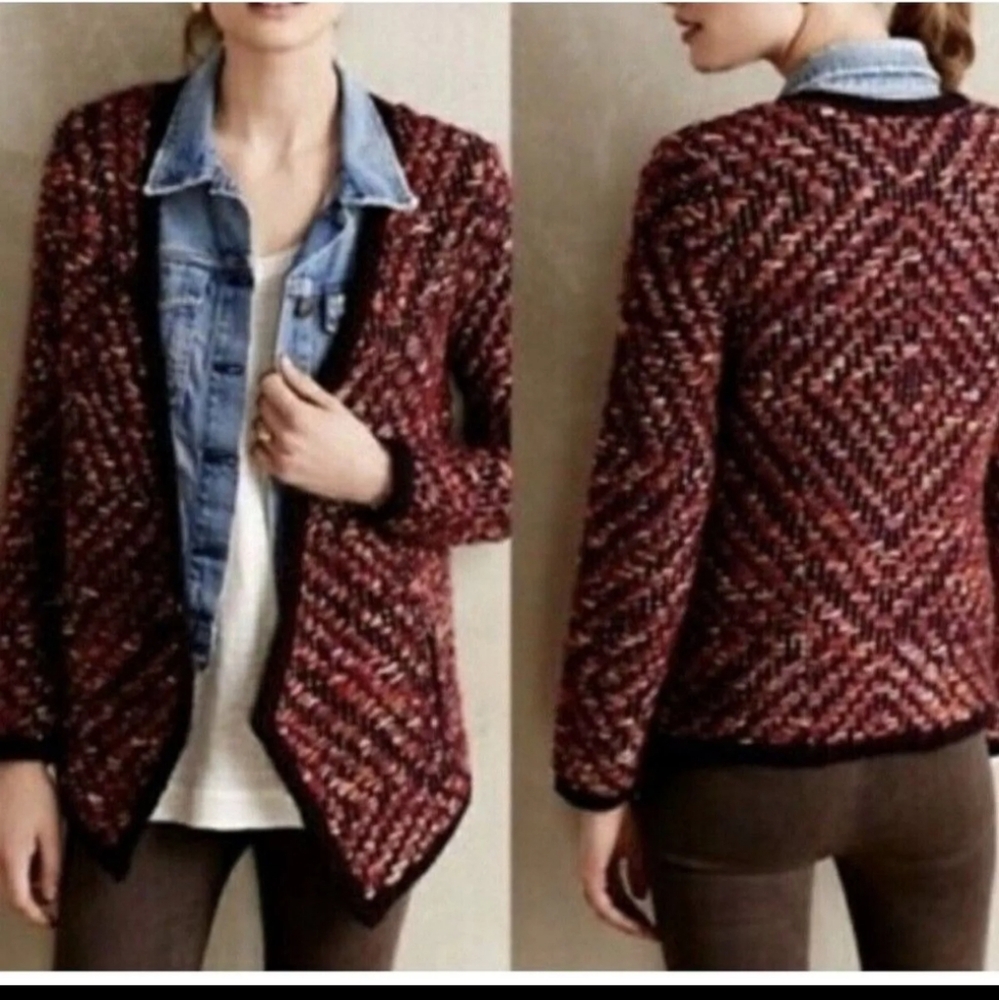 ANTHROPOLOGIE KEAVY JACQUARD RED JACKET CARDIGAN SWEATER by MOTH size M Soft